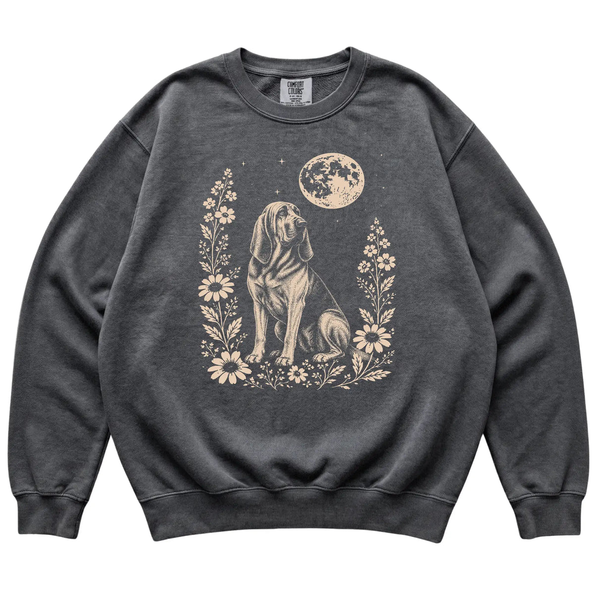 Pepper Moon Flowers Bloodhound Comfort Colors sweatshirt, flat view