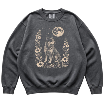 Pepper Moon Flowers Blue Heeler Comfort Colors sweatshirt, flat view