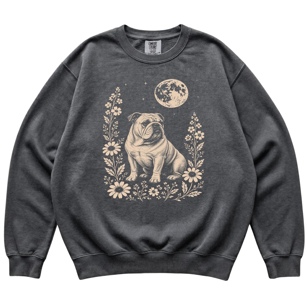 Pepper Moon Flowers Bulldog Comfort Colors sweatshirt, flat view