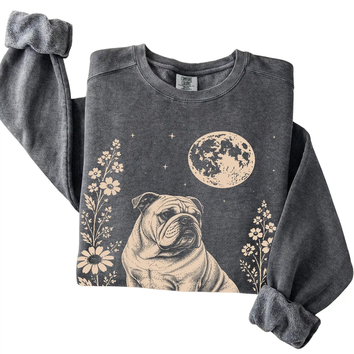 Pepper Moon Flowers Bulldog Comfort Colors sweatshirt, folded view