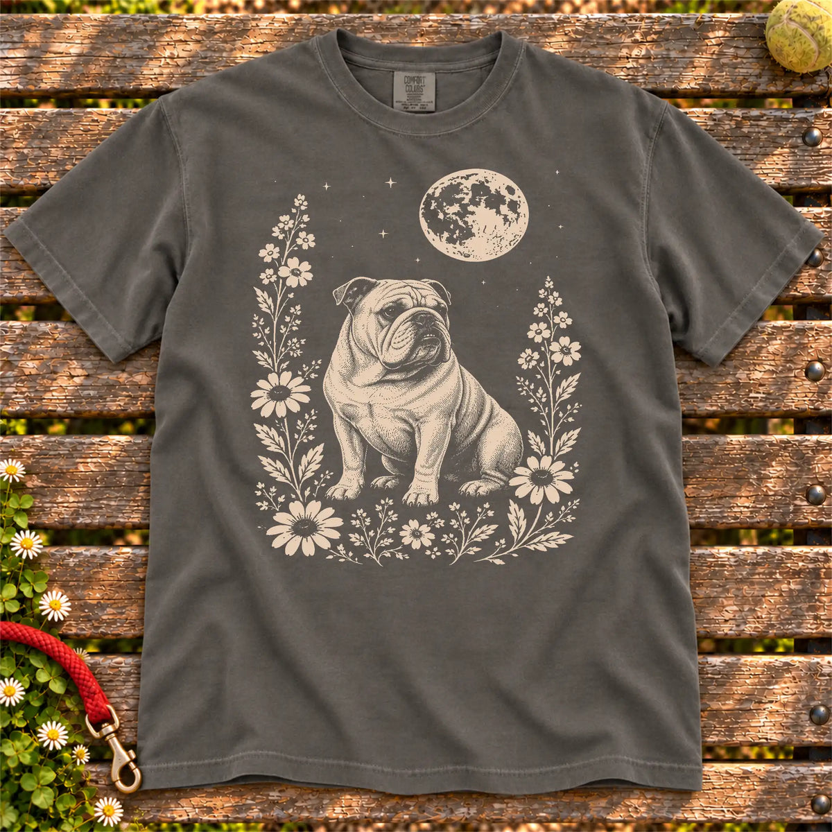 Moon Flowers Bulldog design on a Pepper Comfort Colors T-shirt, shown flat