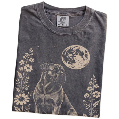 Folded Pepper Comfort Colors® T-shirt showing Cane Corso framed by flowers beneath the moon