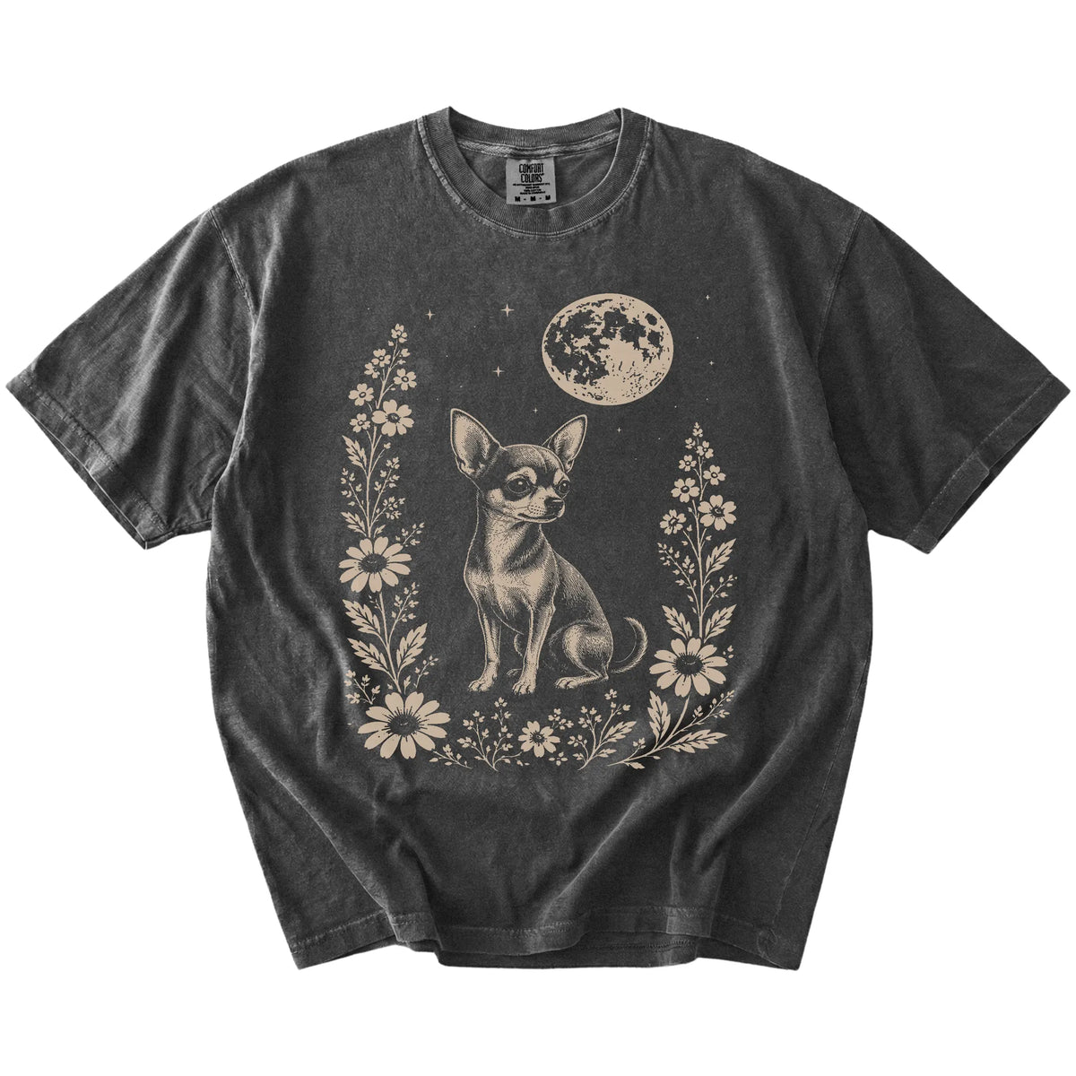 Chihuahua framed by flowers beneath the moon on a Pepper Comfort Colors® T-shirt