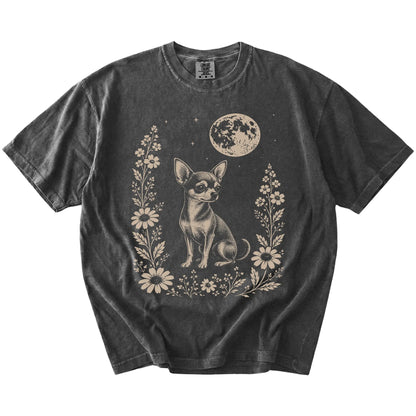 Chihuahua framed by flowers beneath the moon on a Pepper Comfort Colors® T-shirt