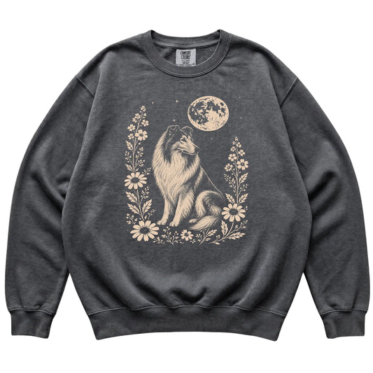 Pepper Moon Flowers Collie Comfort Colors sweatshirt, flat view