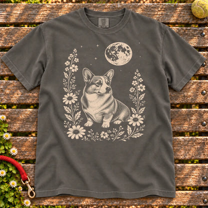 Moon Flowers Corgi design on a Pepper Comfort Colors T-shirt, shown flat