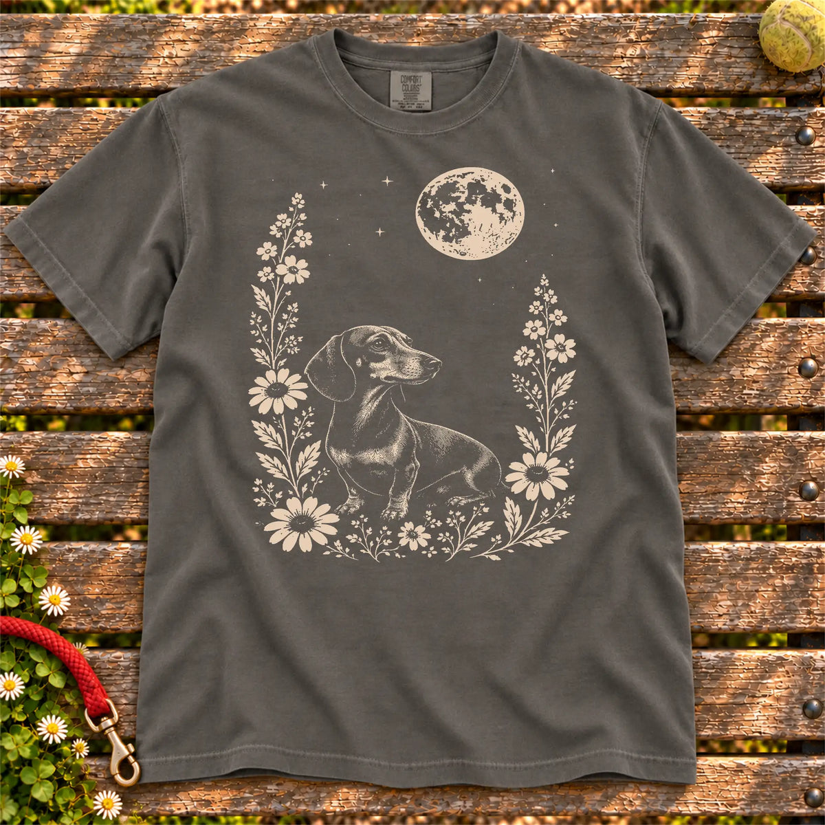 Moon Flowers Dachshund design on a Pepper Comfort Colors T-shirt, shown flat
