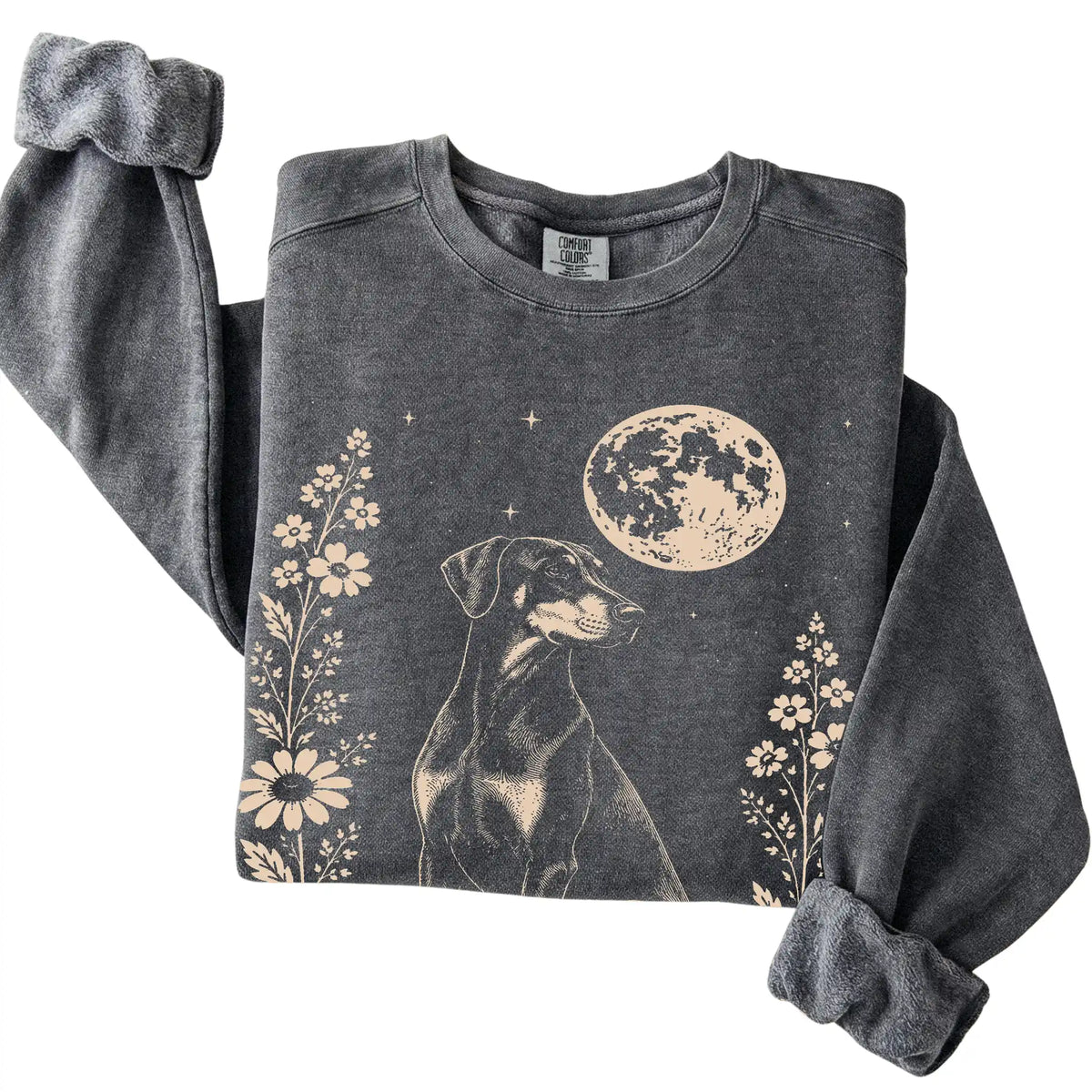 Pepper Moon Flowers Doberman Comfort Colors sweatshirt, folded view
