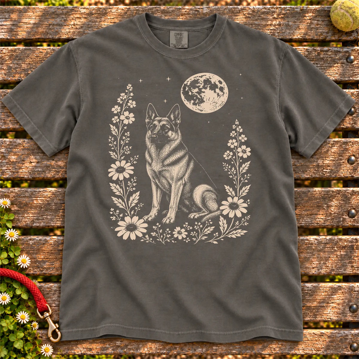 Moon Flowers German Shepherd design on a Pepper Comfort Colors T-shirt, shown flat