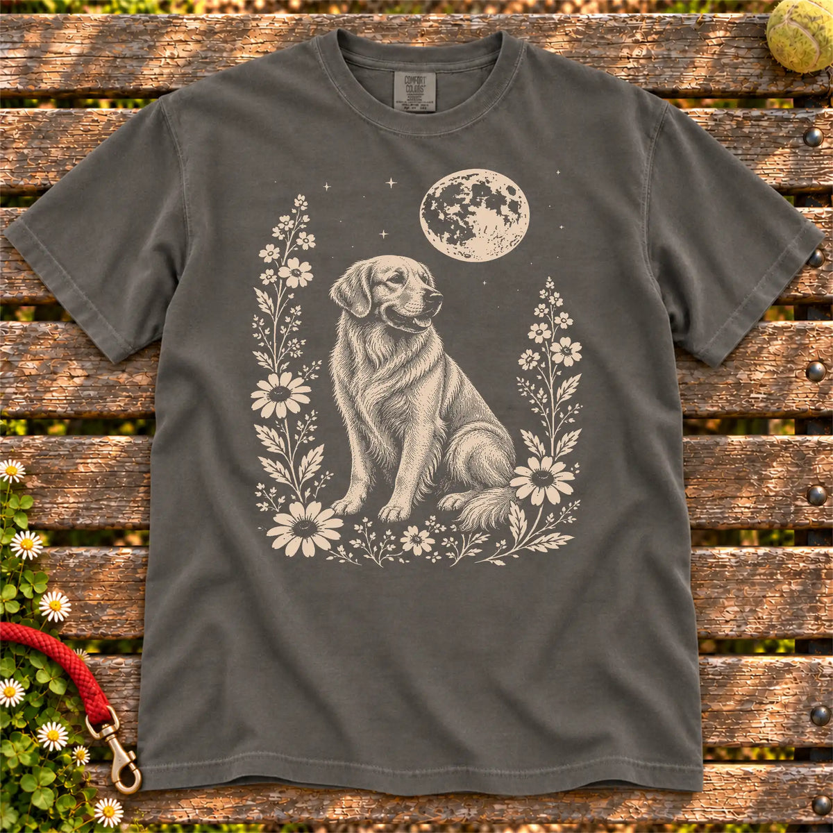Moon Flowers Golden Retriever design on a Pepper Comfort Colors T-shirt, shown flat