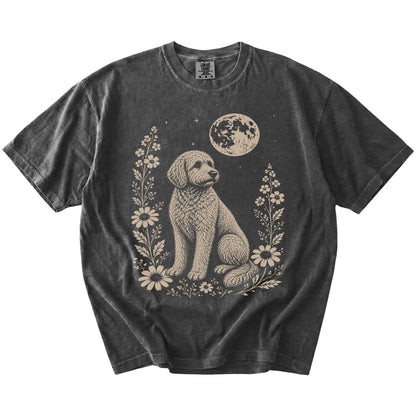 Goldendoodle framed by flowers beneath the moon on a Pepper Comfort Colors® T-shirt
