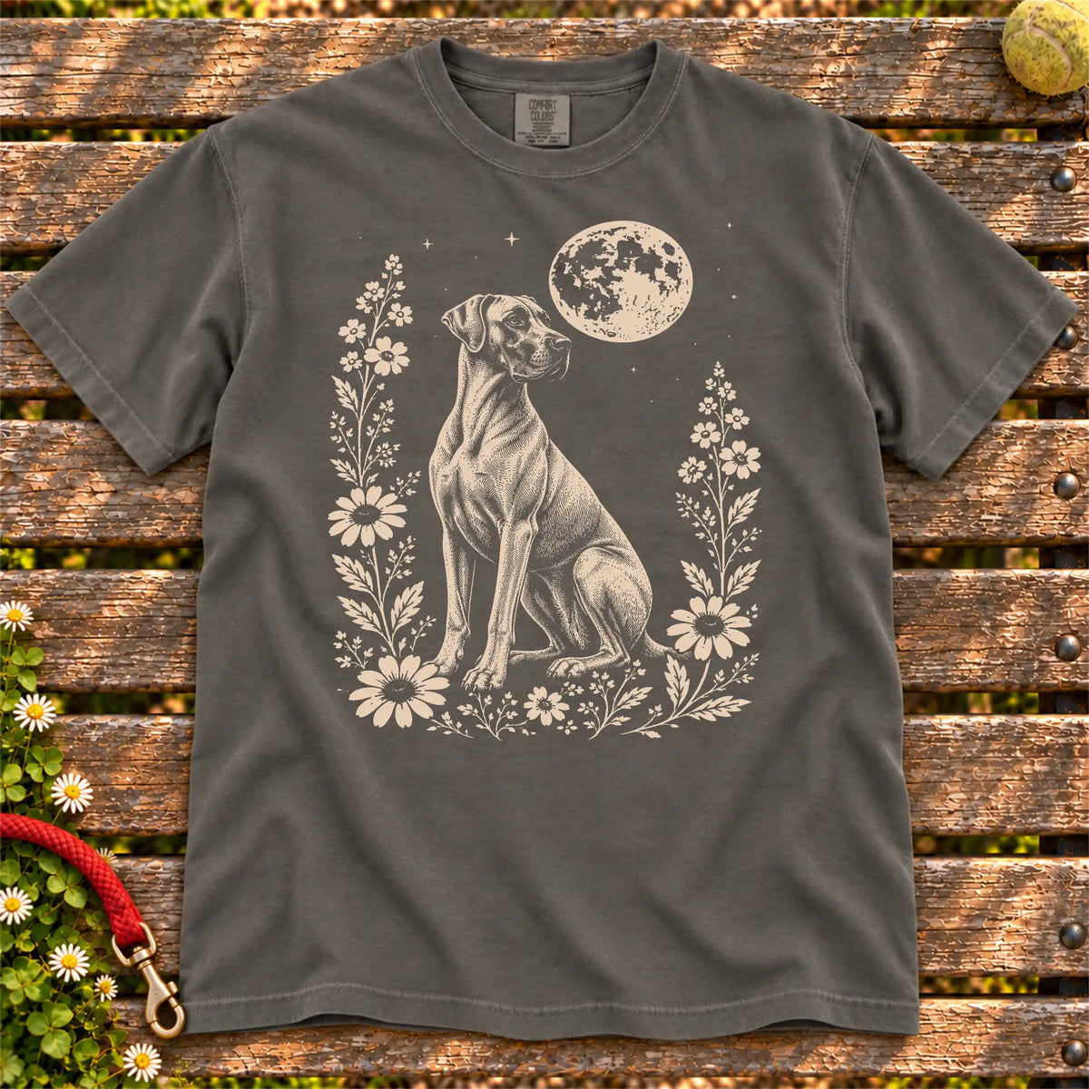 Moon Flowers Great Dane design on a Pepper Comfort Colors T-shirt, shown flat
