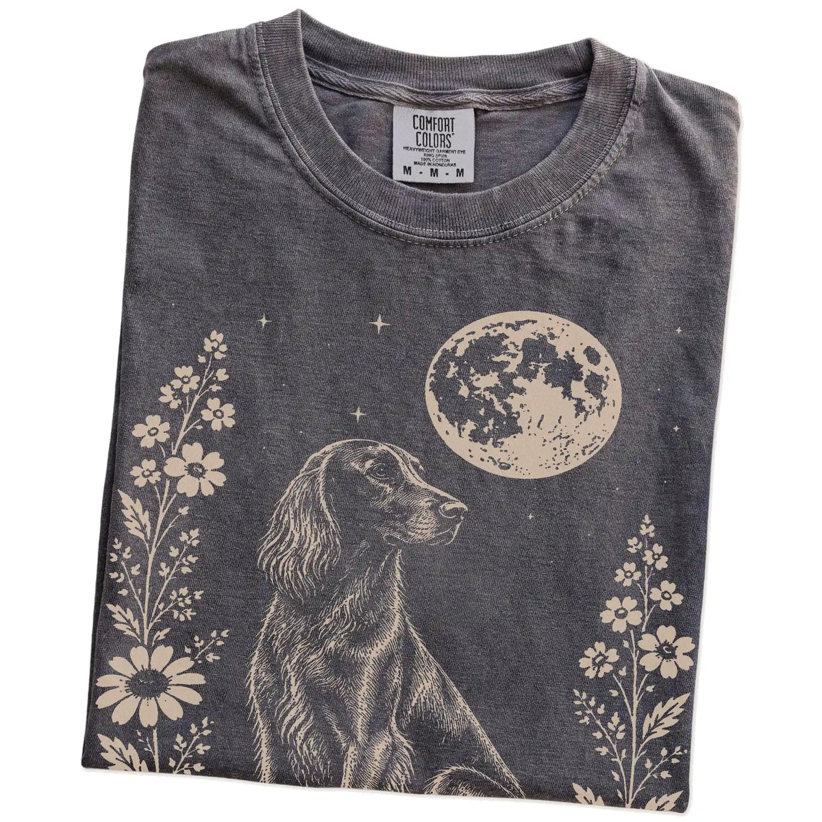 Folded Pepper Comfort Colors® T-shirt showing Irish Setter framed by flowers beneath the moon