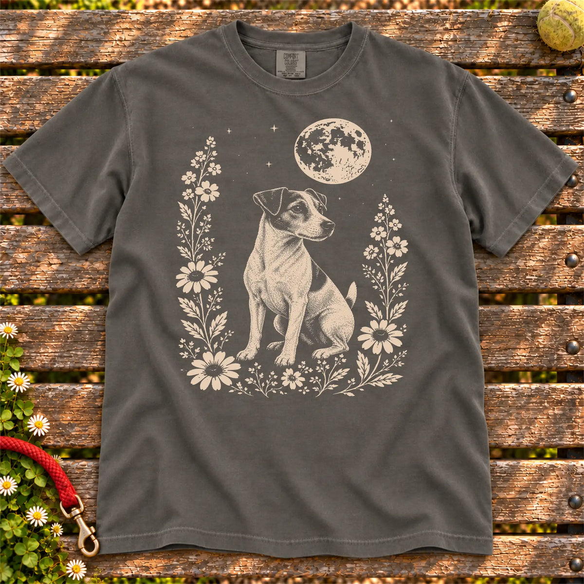 Moon Flowers Jack Russell design on a Pepper Comfort Colors T-shirt, shown flat