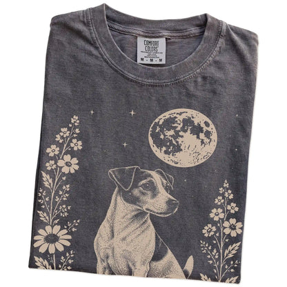 Folded Pepper Comfort Colors® T-shirt showing Jack Russell framed by flowers beneath the moon