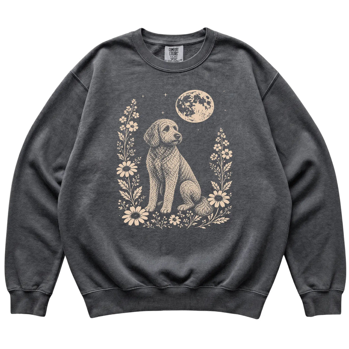 Pepper Moon Flowers Labradoodle Comfort Colors sweatshirt, flat view