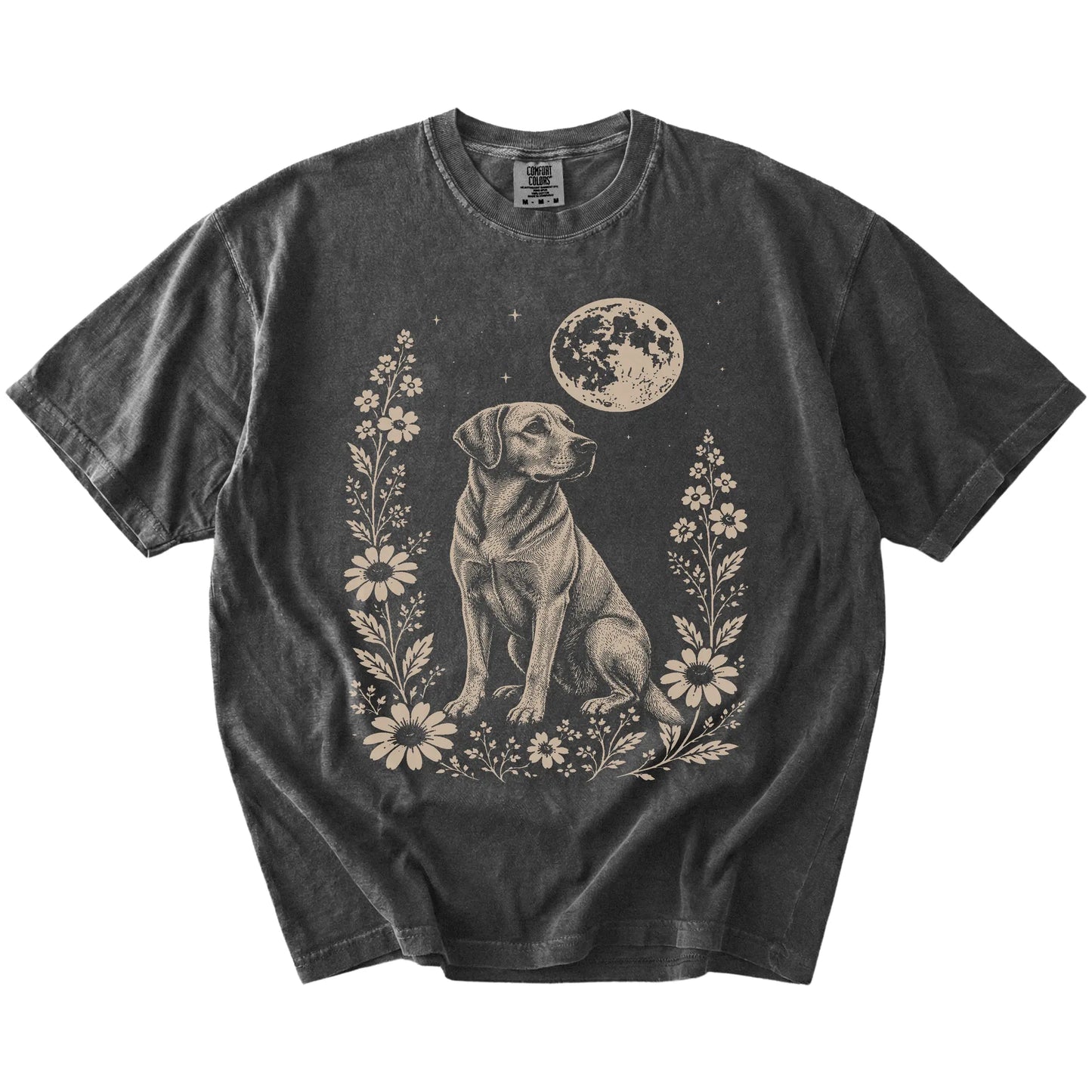 Labrador Retriever framed by flowers beneath the moon on a Pepper Comfort Colors® T-shirt