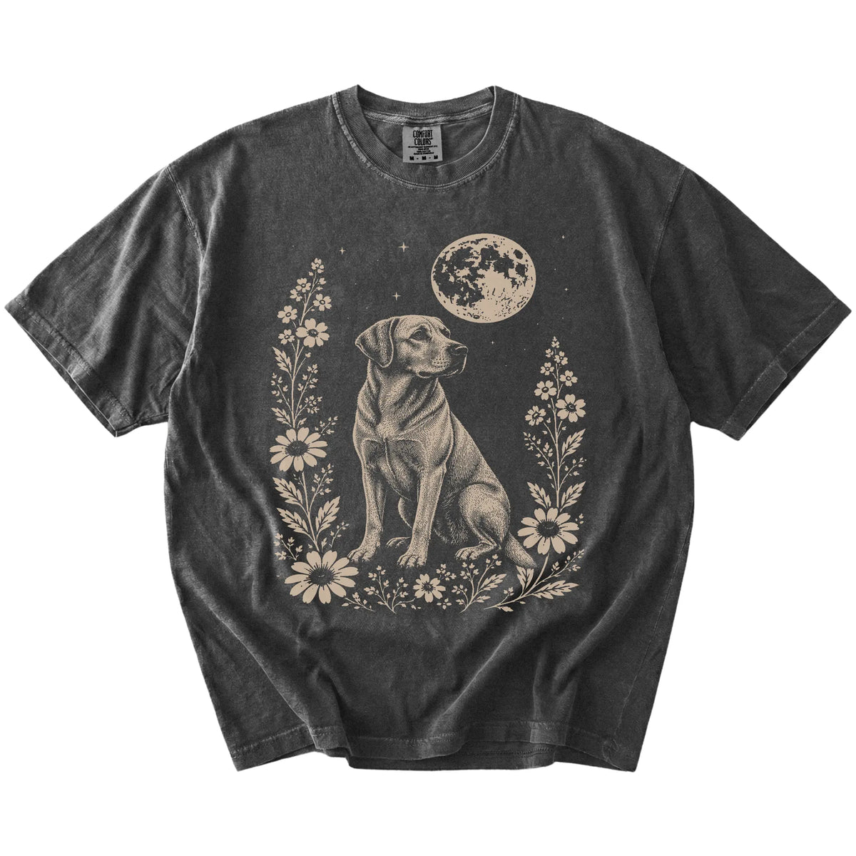 Labrador Retriever framed by flowers beneath the moon on a Pepper Comfort Colors® T-shirt