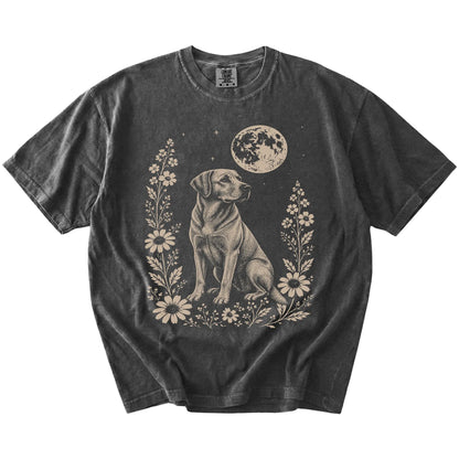 Labrador Retriever framed by flowers beneath the moon on a Pepper Comfort Colors® T-shirt