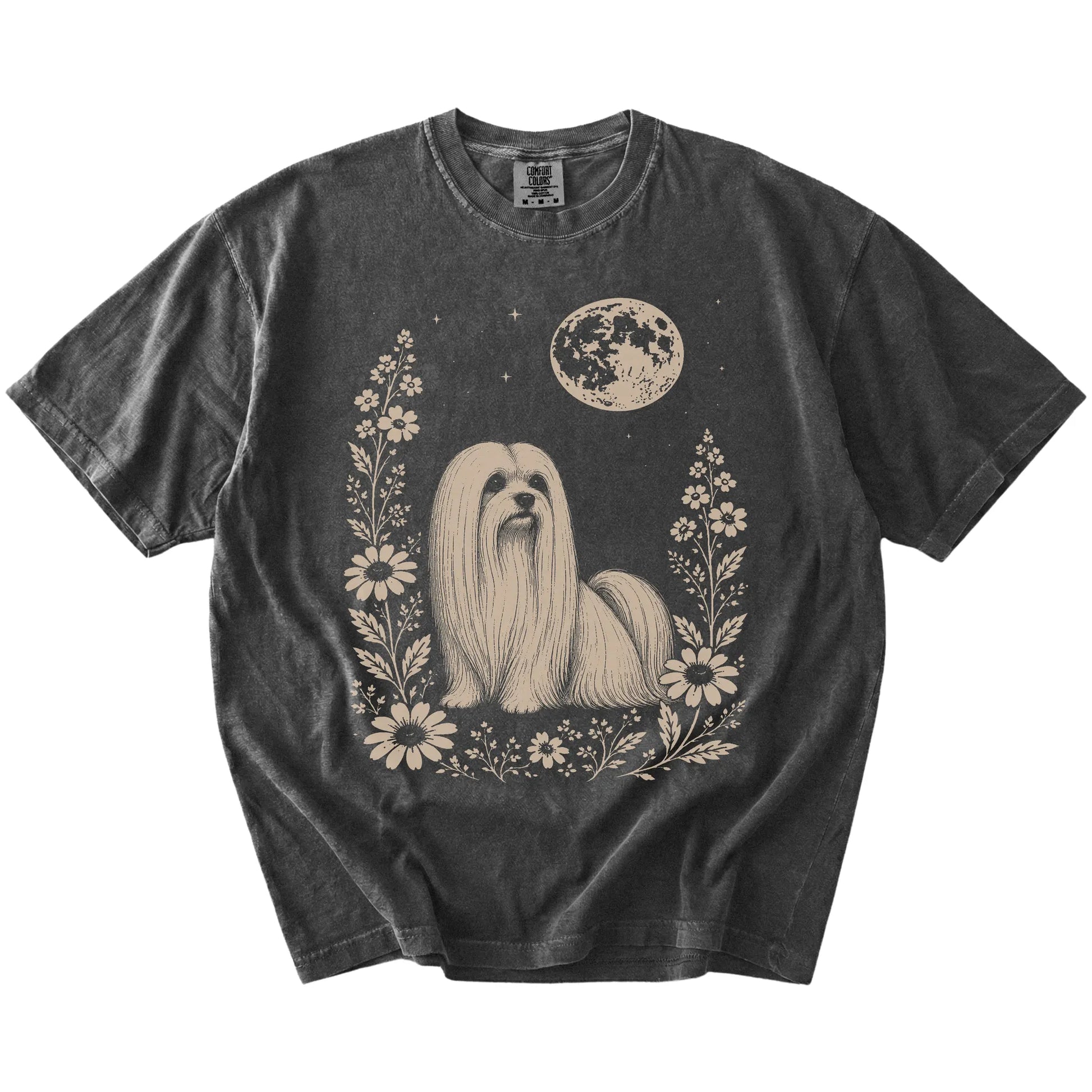 Maltese framed by flowers beneath the moon on a Pepper Comfort Colors® T-shirt