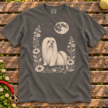 Moon Flowers Maltese design on a Pepper Comfort Colors T-shirt, shown flat