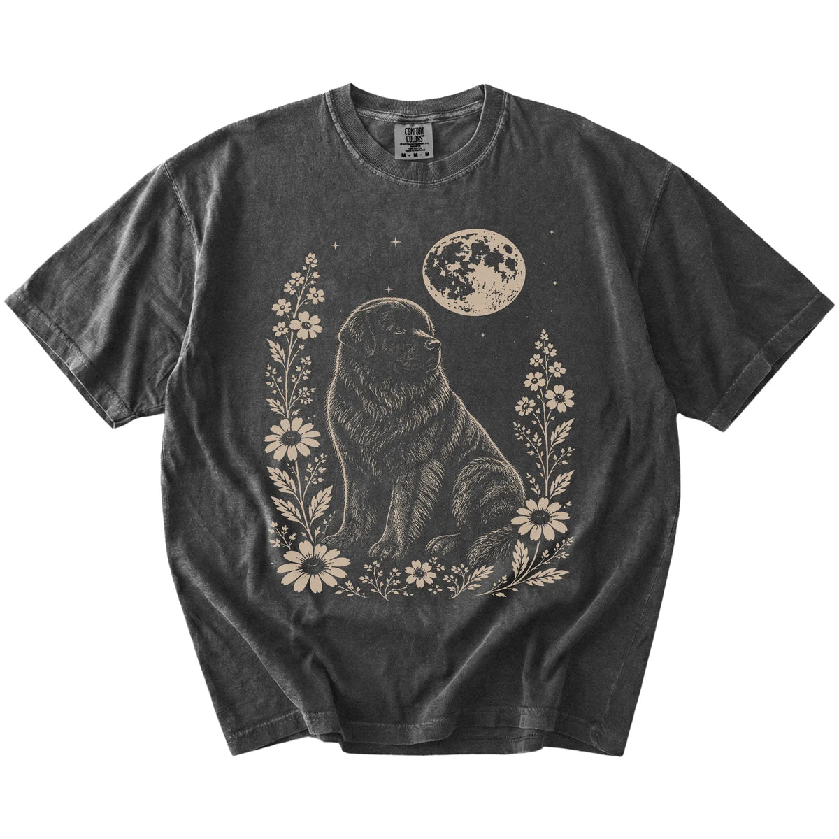 Newfie framed by flowers beneath the moon on a Pepper Comfort Colors® T-shirt