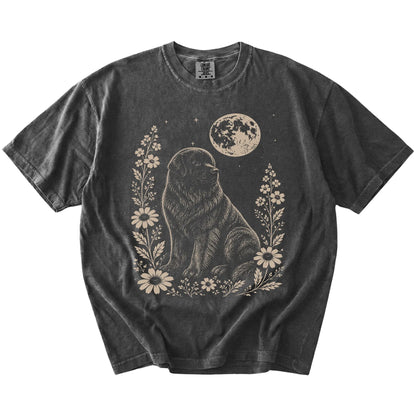 Newfie framed by flowers beneath the moon on a Pepper Comfort Colors® T-shirt
