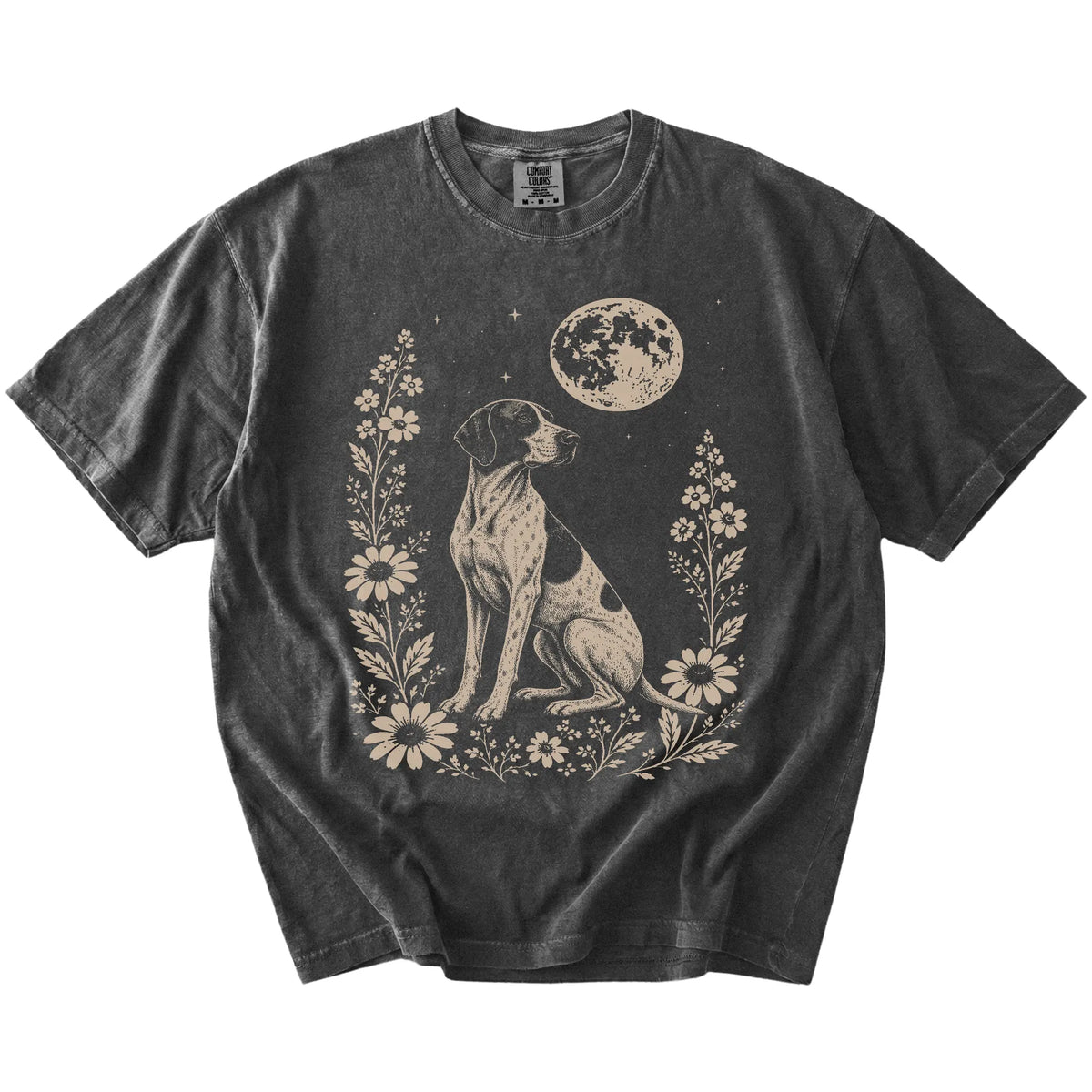 Pointer framed by flowers beneath the moon on a Pepper Comfort Colors® T-shirt