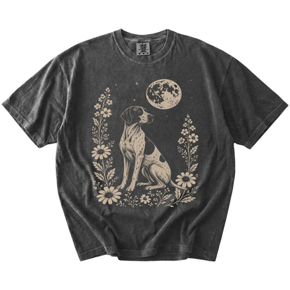 Pointer framed by flowers beneath the moon on a Pepper Comfort Colors® T-shirt