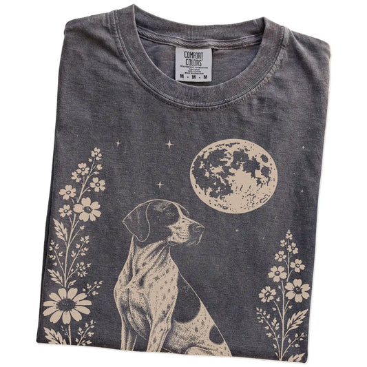 Folded Pepper Comfort Colors® T-shirt showing Pointer framed by flowers beneath the moon
