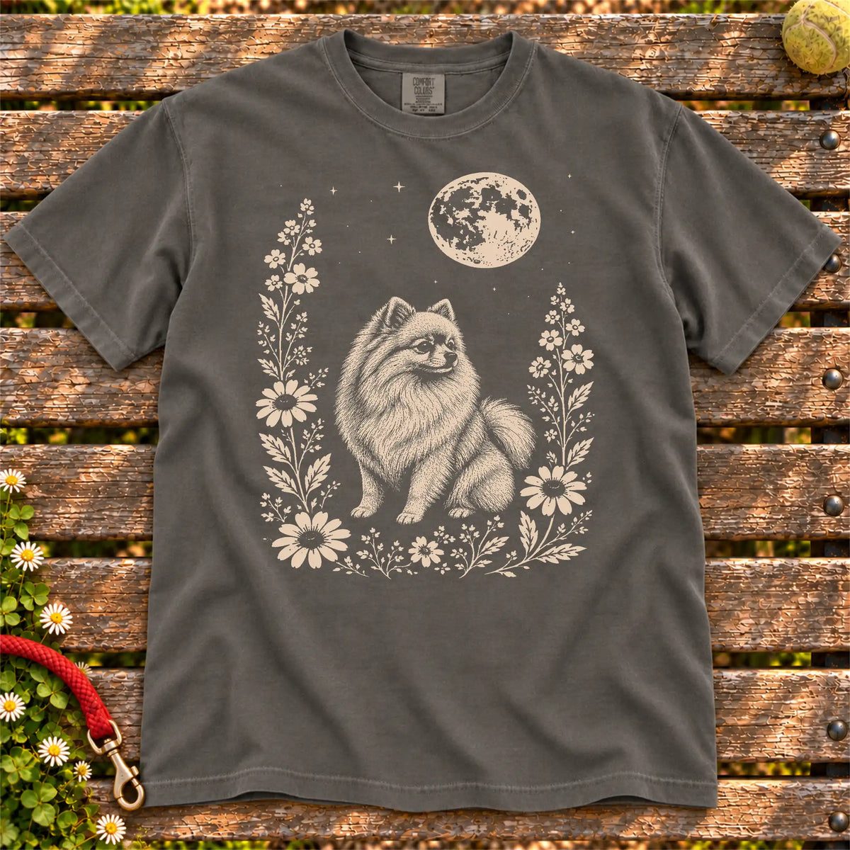 Moon Flowers Pomeranian design on a Pepper Comfort Colors T-shirt, shown flat
