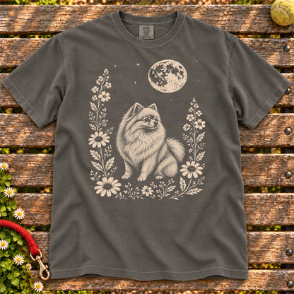 Moon Flowers Pomeranian design on a Pepper Comfort Colors T-shirt, shown flat