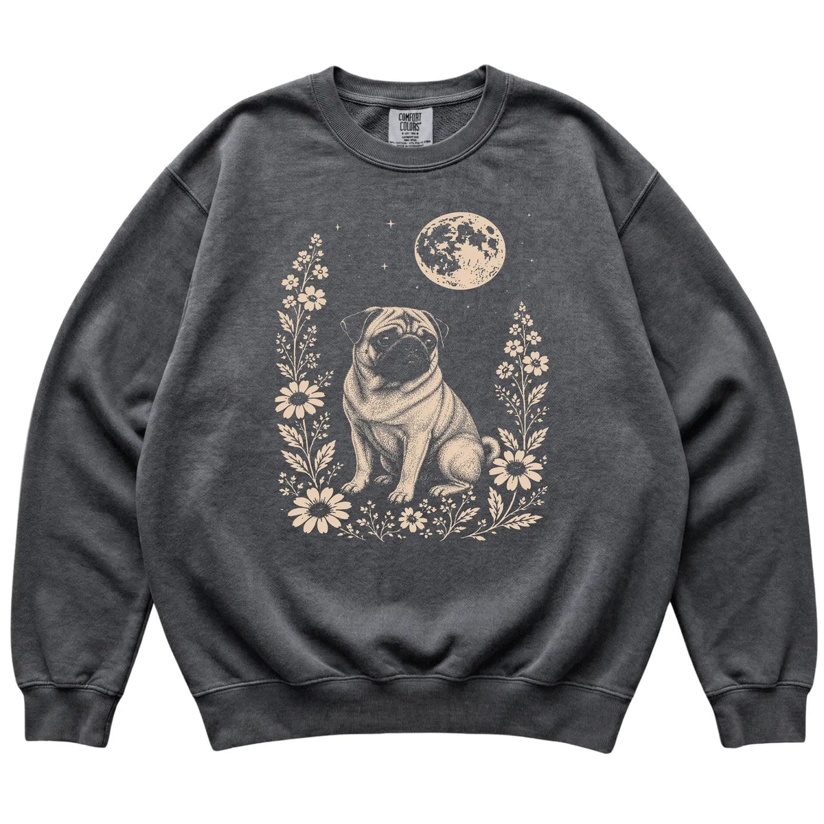 Pepper Moon Flowers Pug Comfort Colors sweatshirt, flat view