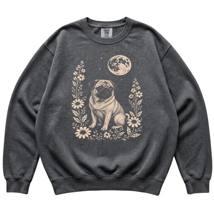Pepper Moon Flowers Pug Comfort Colors sweatshirt, flat view