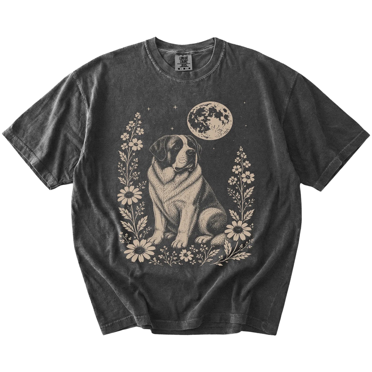 Saint Bernard framed by flowers beneath the moon on a Pepper Comfort Colors® T-shirt