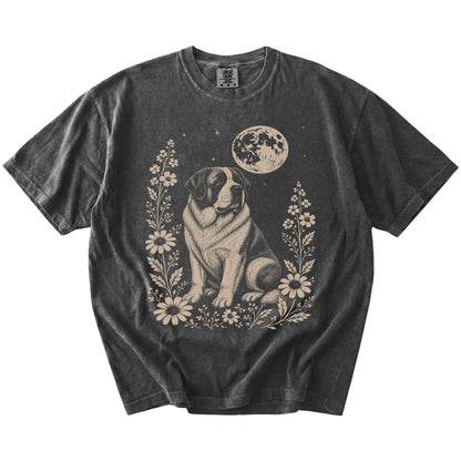 Saint Bernard framed by flowers beneath the moon on a Pepper Comfort Colors® T-shirt