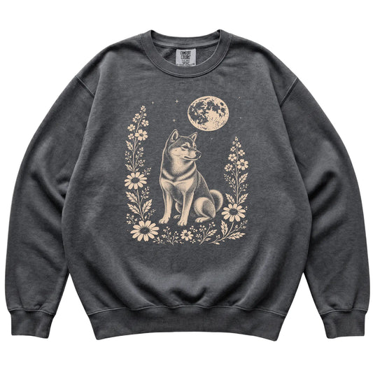 Pepper Moon Flowers Shiba Inu Comfort Colors sweatshirt, flat view