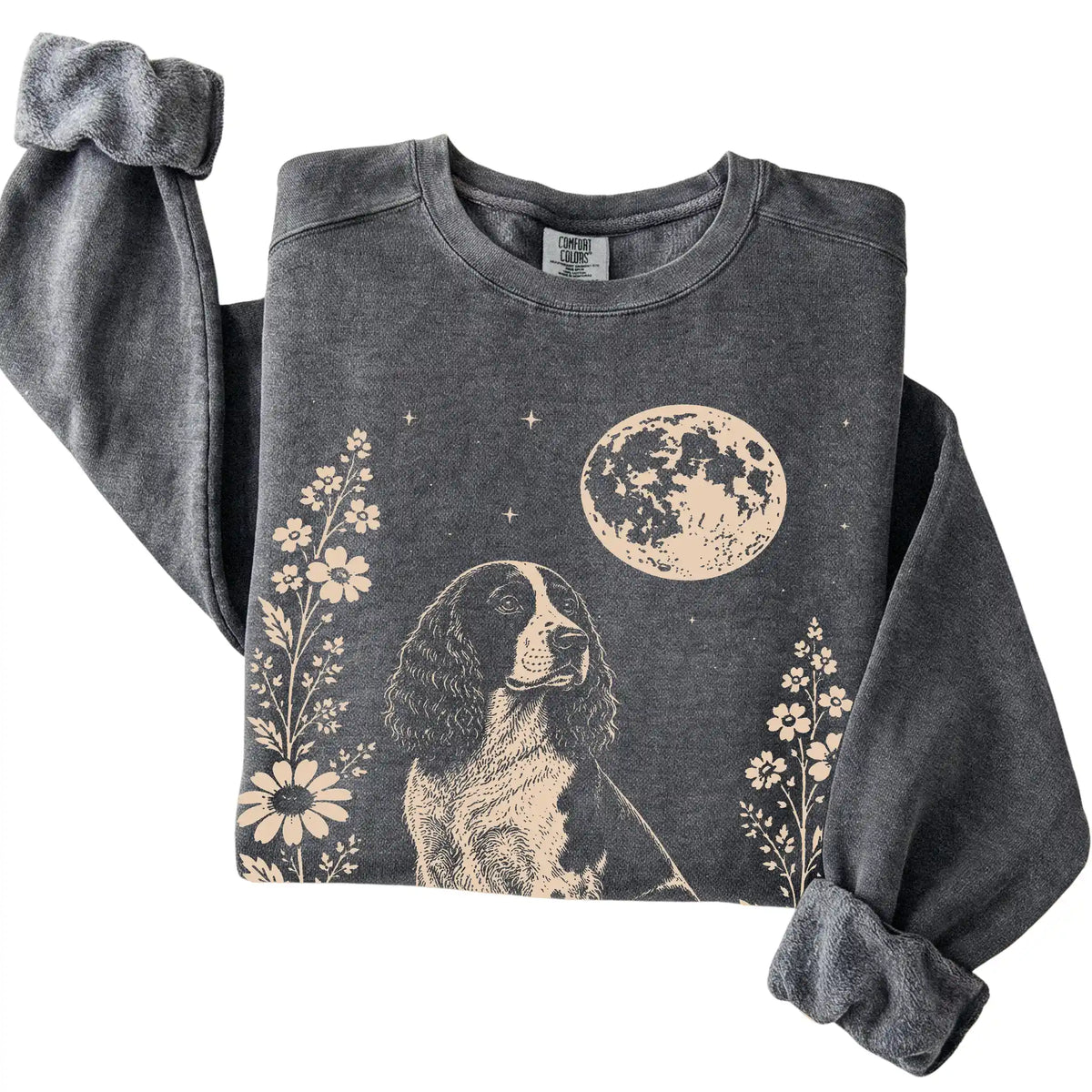 Pepper Moon Flowers Springer Spaniel Comfort Colors sweatshirt, folded view