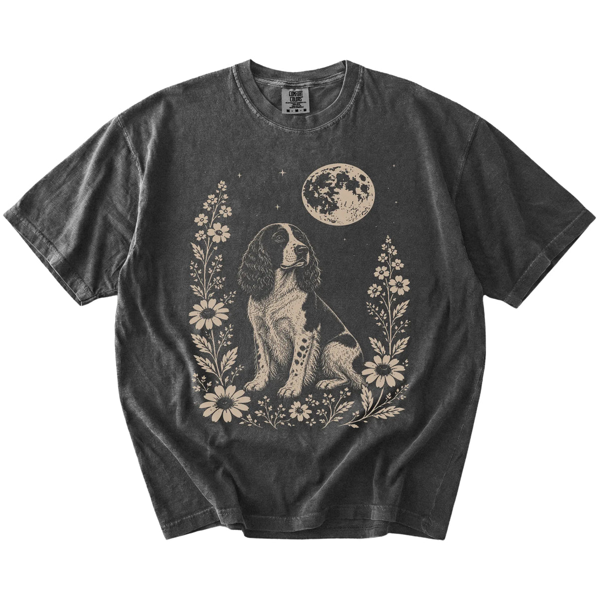Springer Spaniel framed by flowers beneath the moon on a Pepper Comfort Colors® T-shirt