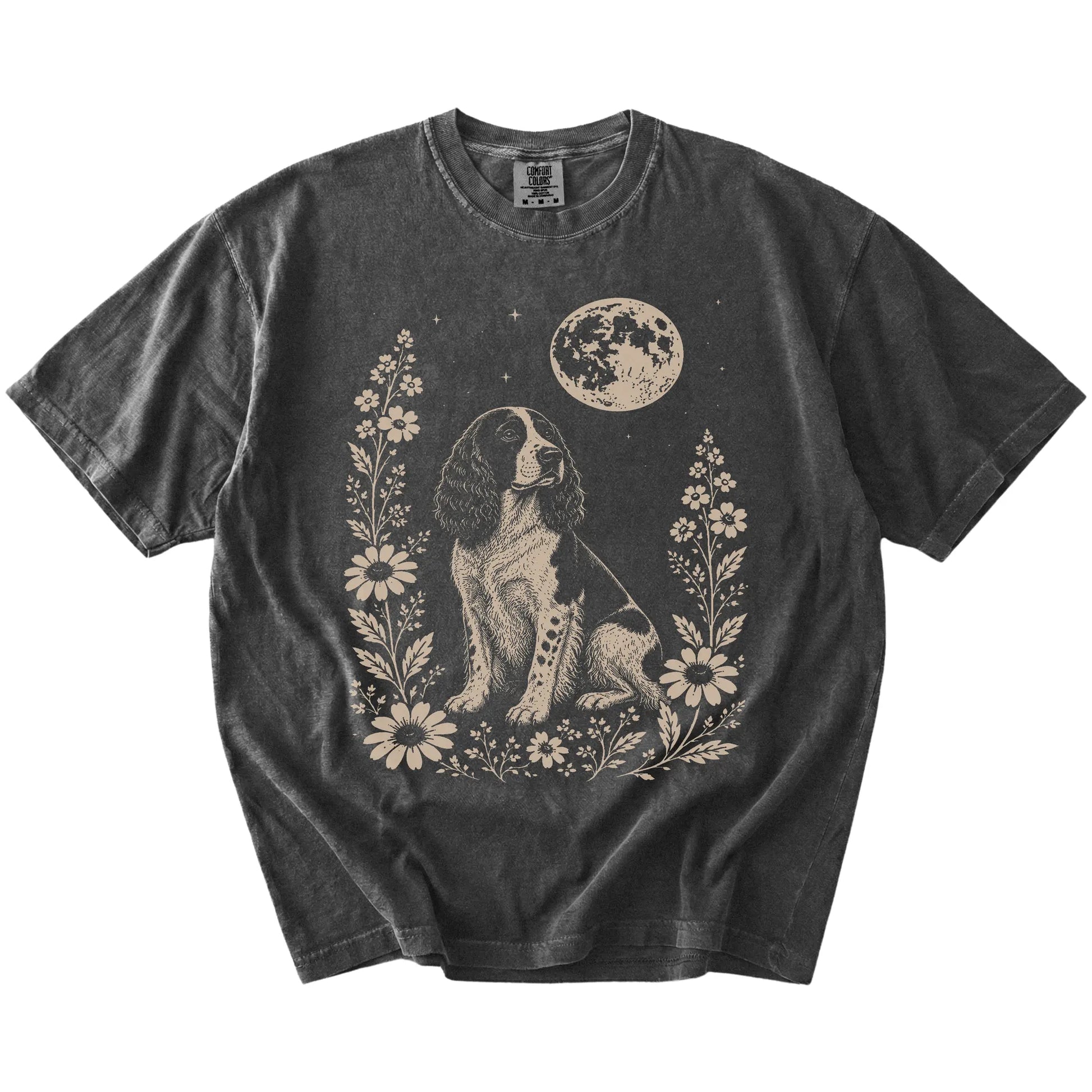 Springer Spaniel framed by flowers beneath the moon on a Pepper Comfort Colors® T-shirt