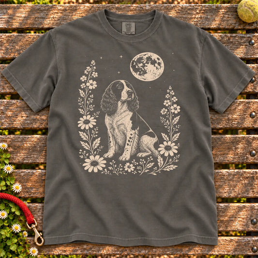 Moon Flowers Springer Spaniel design on a Pepper Comfort Colors T-shirt, shown flat