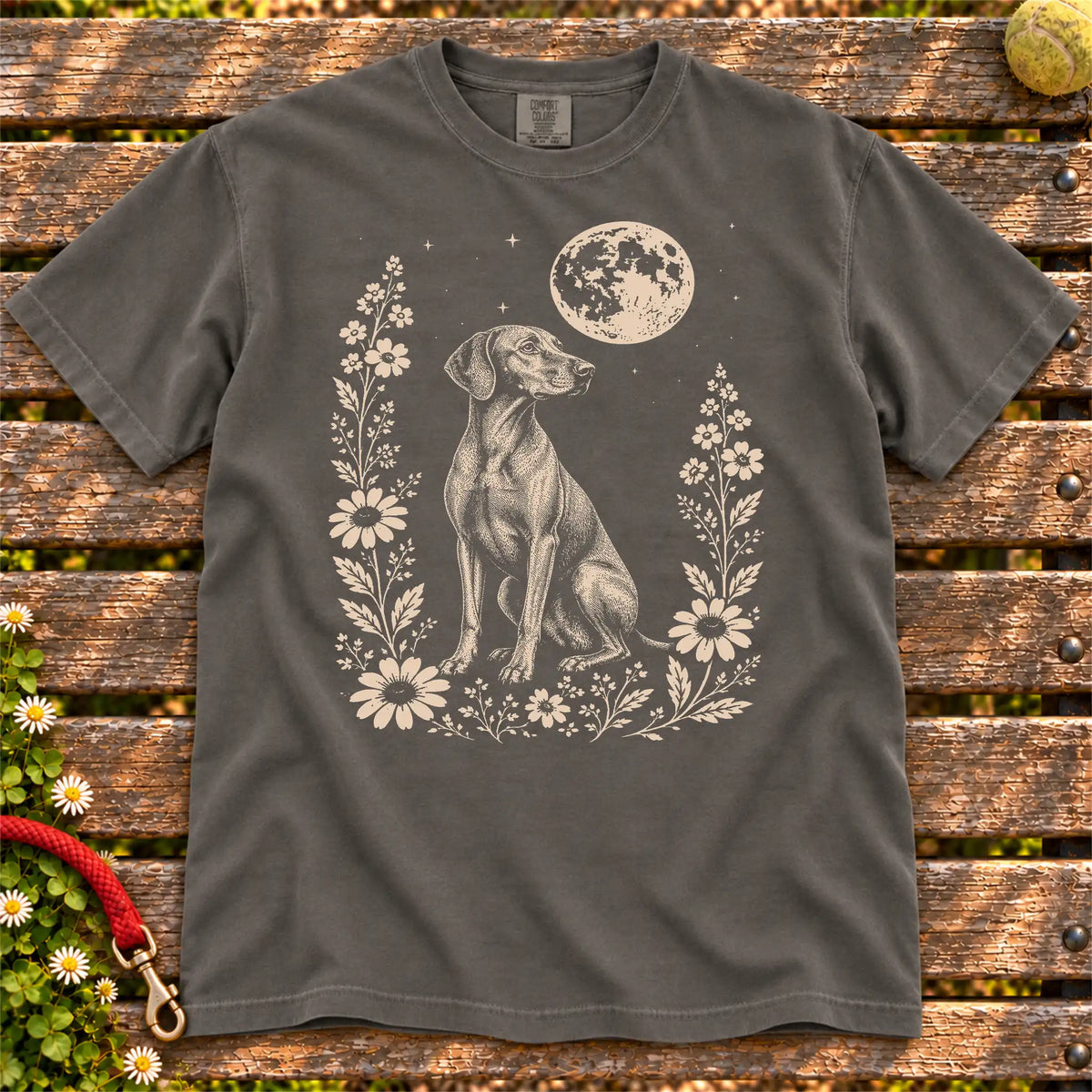 Moon Flowers Vizsla design on a Pepper Comfort Colors T-shirt, shown flat