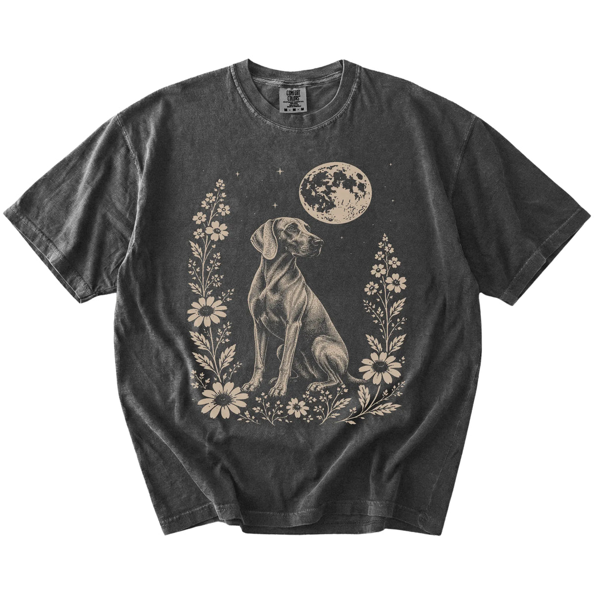 Weimaraner framed by flowers beneath the moon on a Pepper Comfort Colors® T-shirt