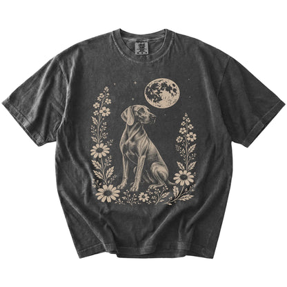 Weimaraner framed by flowers beneath the moon on a Pepper Comfort Colors® T-shirt