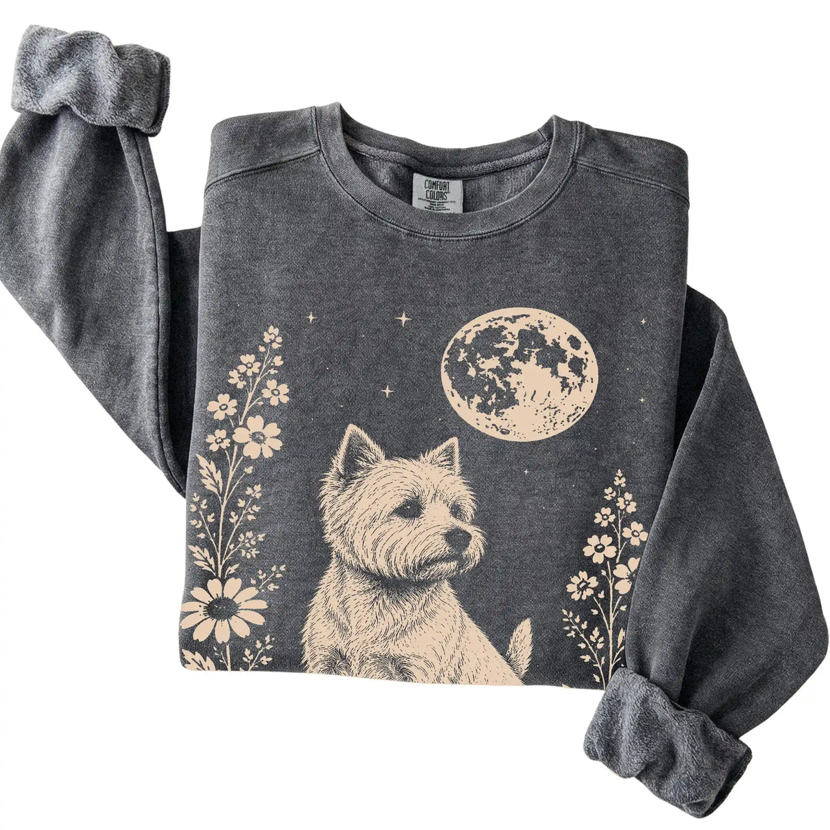 Pepper Moon Flowers Westie Comfort Colors sweatshirt, folded view