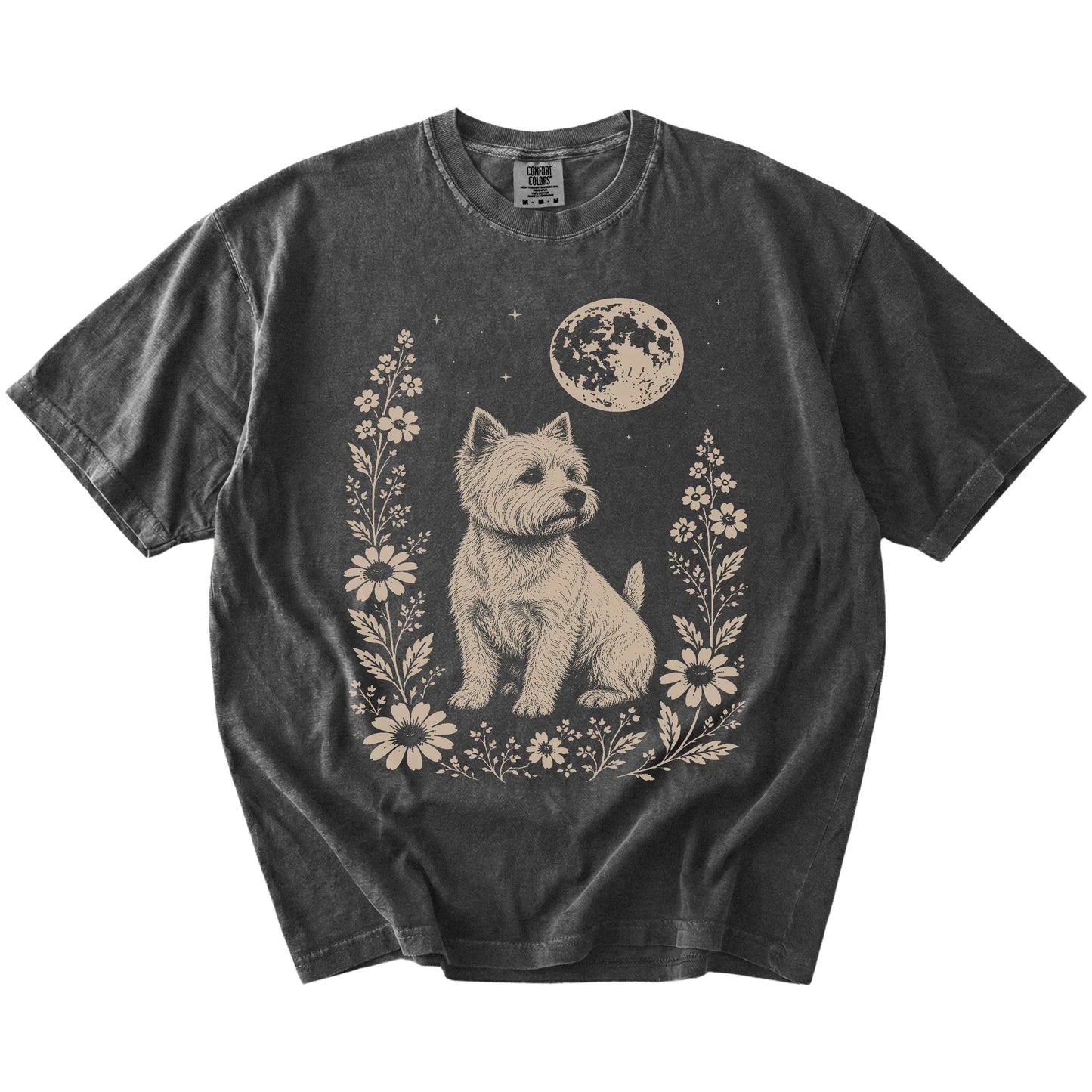 Westie framed by flowers beneath the moon on a Pepper Comfort Colors® T-shirt