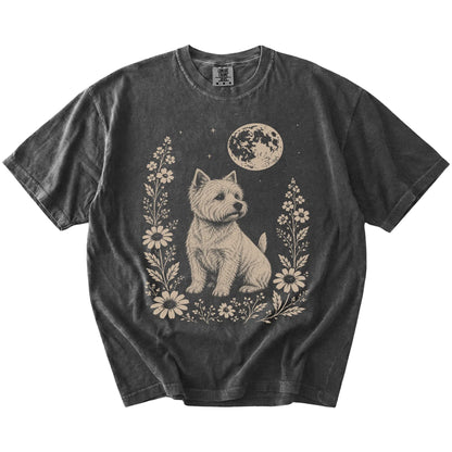 Westie framed by flowers beneath the moon on a Pepper Comfort Colors® T-shirt