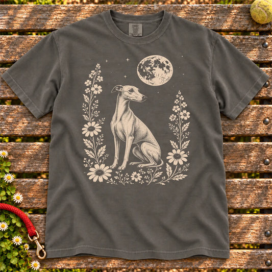 Moon Flowers Whippet design on a Pepper Comfort Colors T-shirt, shown flat