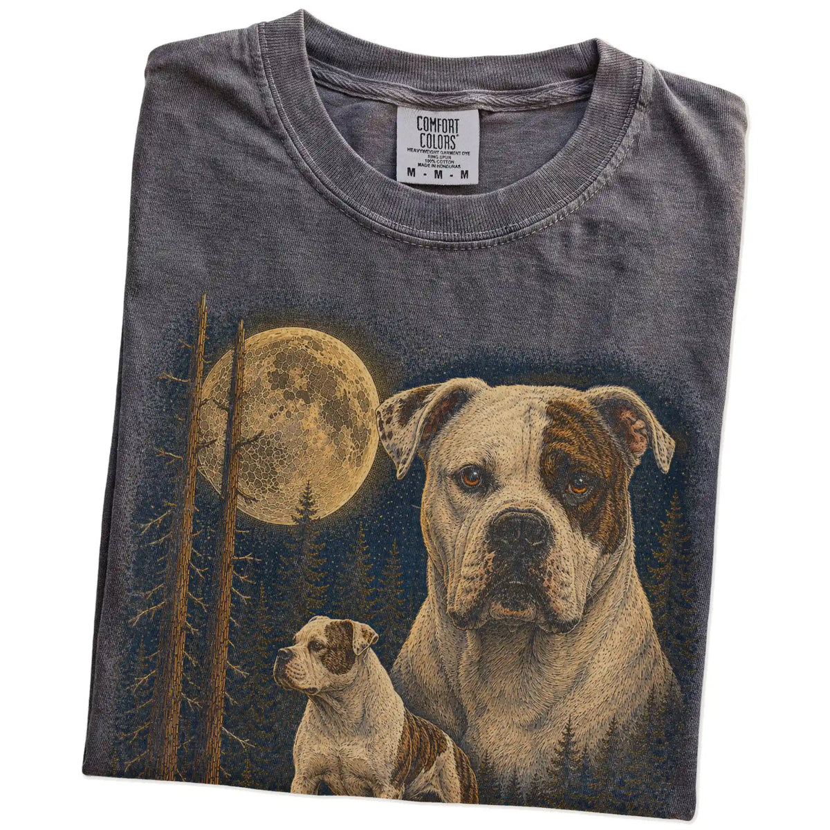 Folded Pepper American Bulldog full-color Moonlit Forest t-shirt
