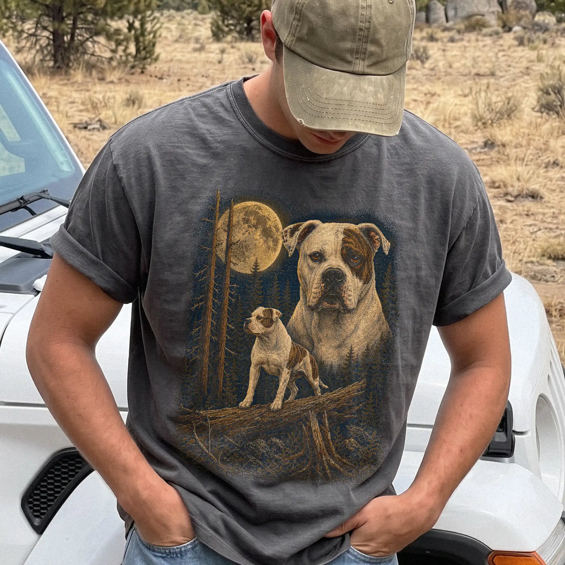 Person wearing a Pepper American Bulldog full-color Moonlit Forest t-shirt